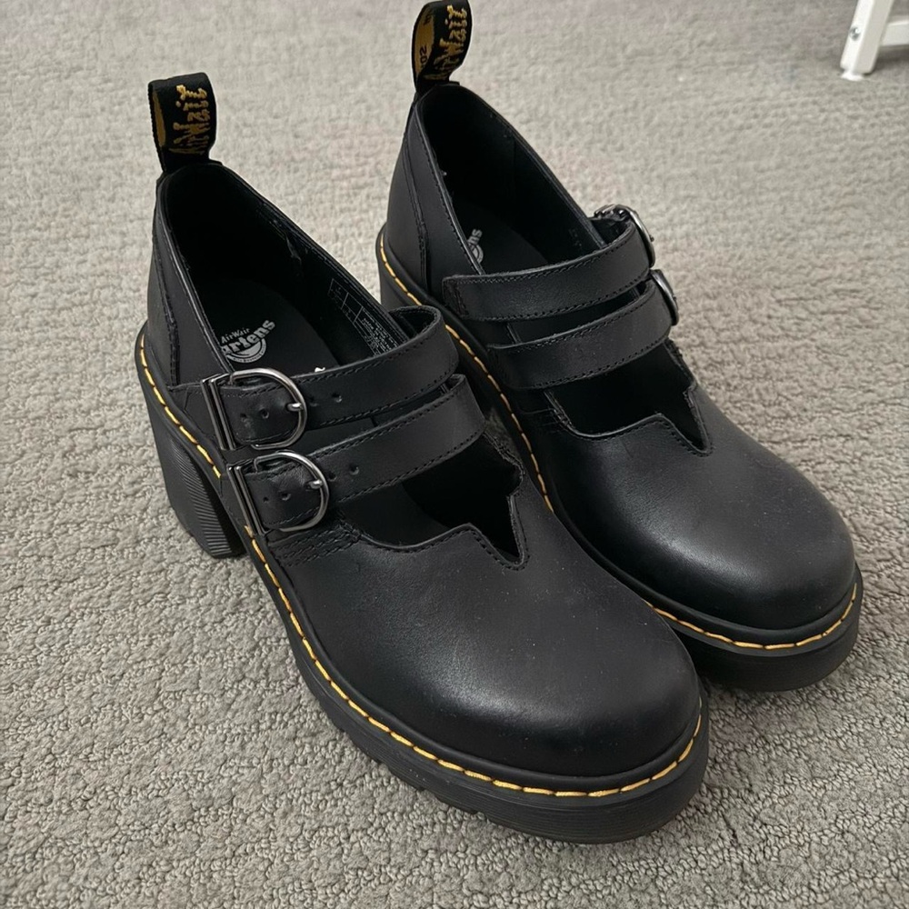 Dr. Martens Black Double-Buckle Mary Jane Platform Booties with Yellow Stitching